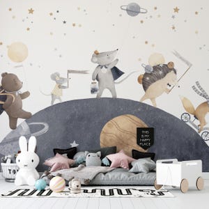 Galactic Animal Adventure Space Nursery Print Wall Mural