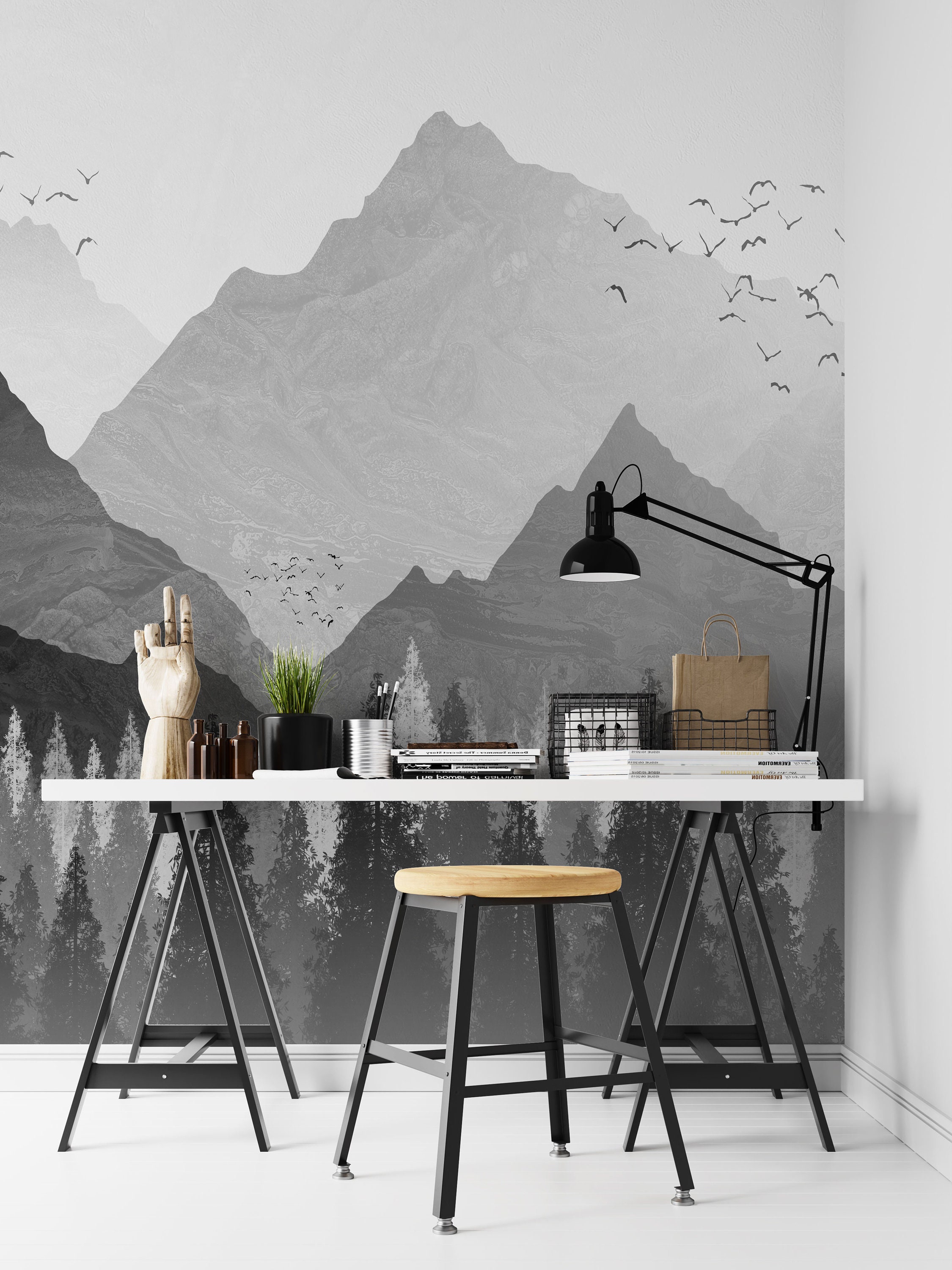 Mountain Wallpaper With Trees and Sun Peel and Stick Black | Etsy