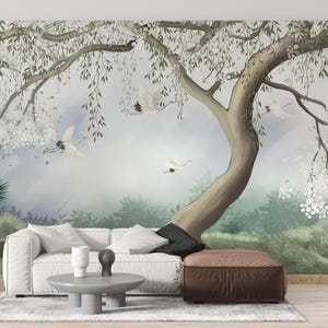 Mural de papel tapiz de grulla y árbol: Pintura interior con niebla, autoadhesiva