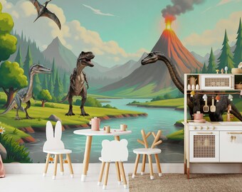 Dinosaur Wall Mural, Prehistoric Valley Scene (Kids Room Decor)