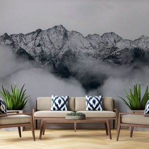 Black & White Mountain Mural, Foggy Mountain Wallpaper Peel and stick, Removable Wallpaper Murals