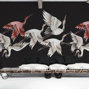 Japandi wallpaper | White Crane in Batik Murals, Peel & Stick or Traditional Paper