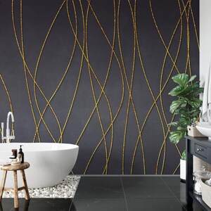 Dark Gray Wallpaper with Golden Lines: Peel and Stick Removable Wallpaper