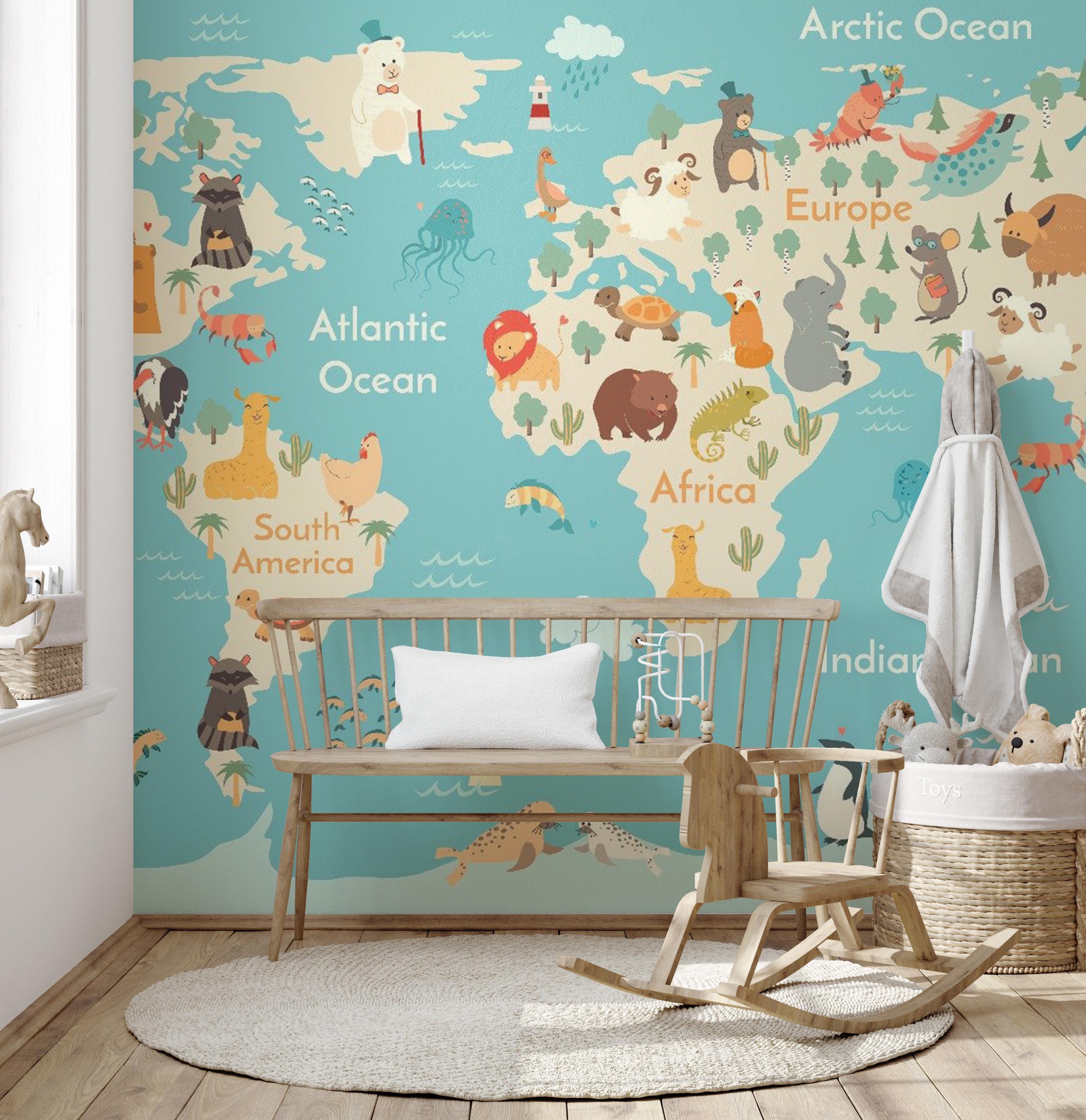 Animal World Map Wallpaper Mural: Kids Room Peel and Stick - Etsy UK