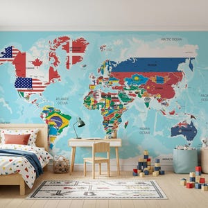 Close-up of a self-adhesive world map wall mural, showcasing colorful country flags. Perfect for educational or office decor.