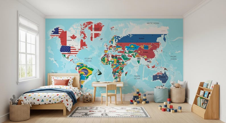 Close-up of a self-adhesive world map wall mural, showcasing colorful country flags. Perfect for educational or office decor.