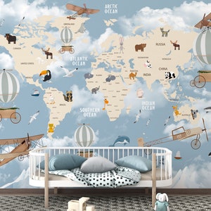 Kinderzimmer Tapete Luftflieger Luftballon Weltkarte für Kleinkindzimmer und Kinder oder Kinderzimmer Peel and Stick Tapete Wandbilder von Giffywalls