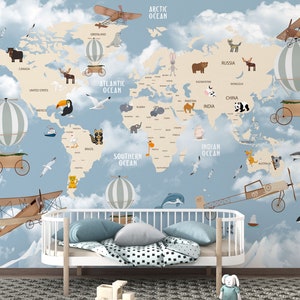 Kids Room wallpaper Air Plane Air balloon World map for Toddler Room and Kids or Child Room Peel and Stick Wallpaper Murals by Giffywalls