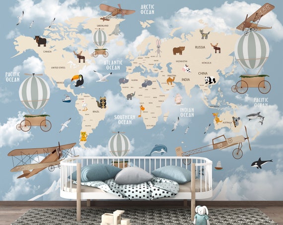  3D World Map Wallpaper - Cartoon Map with Baloons Mural Decor  for Nursery, Kids and Game Room - Removable and Reusable - One Piece, Easy  Installation (Peel and Stick, 197''Wx104'' H) 