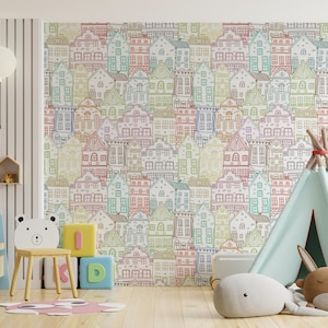 Carta da parati con motivo pastello Scandinavian Town-B820