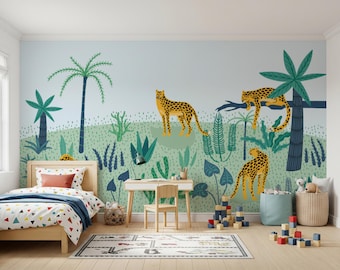 Cheetah Jungle Wallpaper Mural: Green Tropical Peel and Stick