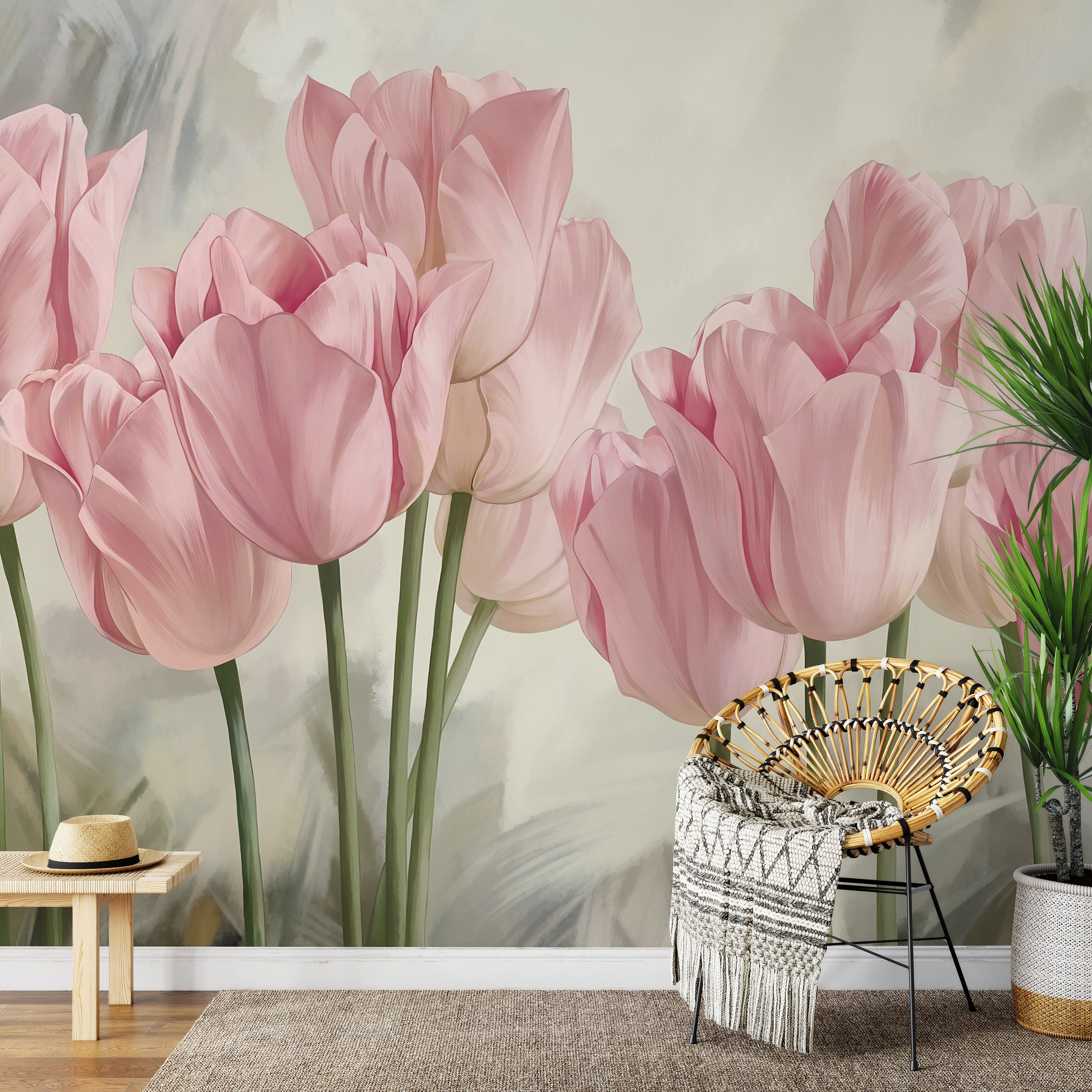 3D Pink Tulip Flower Wallpaper Murals Lifelike Floral