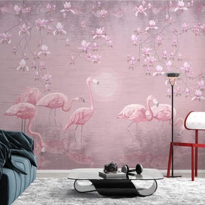 Flamingo Pink Flower Wallpaper Mural - Peel and Stick Tropical Wallpaper