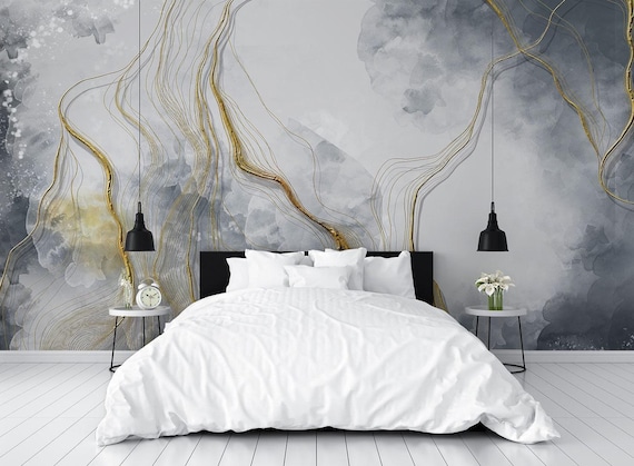 Gray Marble with Gold Veins, Peel and stick wallpaper, Removable wallpaper