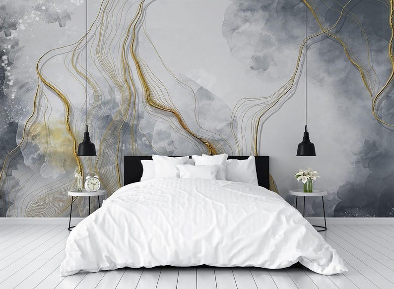 Gray Marble with Gold Veins, Peel and stick wallpaper, Removable wallpaper image 1