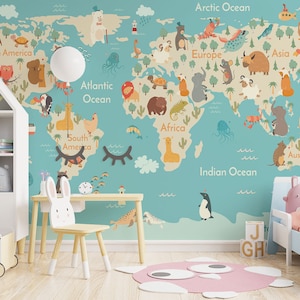 Mural de papel tapiz autoadhesivo con mapa del mundo de animales azules de Giffywalls