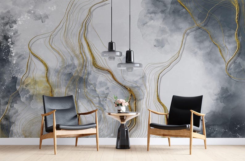 Gray Marble with Gold Veins, Peel and stick wallpaper, Removable wallpaper image 3