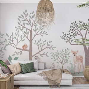 Beige Green Forest Animal Mural for Kids – Peel & Stick Kids Forest Wallpaper – Woodland Animal Wallpaper for Children’s Room