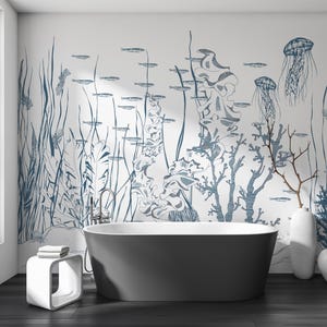 Blauw zeebodembehang: nautische wanddecoratie van vliesmateriaal