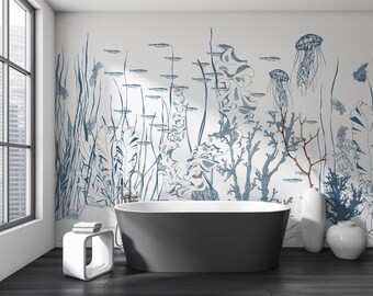 Blaue Meeresboden-Tapete: Maritime Wandkunst aus Vliesstoff