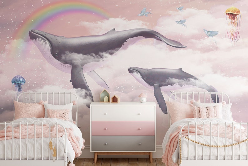 Peel and Stick Children/'s Wallpaper /& Traditional Paper by Giffy Walls Whale Flying Across the Pink Sky with Clouds Mural
