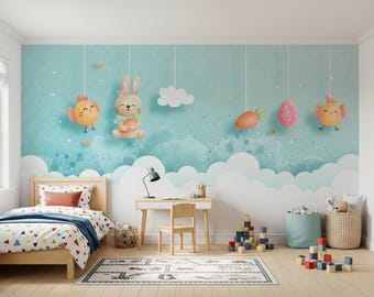 Kids Room Wallpaper: Bunny, Clouds, Peel and Stick