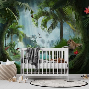 Carta da parati murale con animali della giungla esotica - Decorazione da parete con fauna tropicale staccabile e incollabile-A591