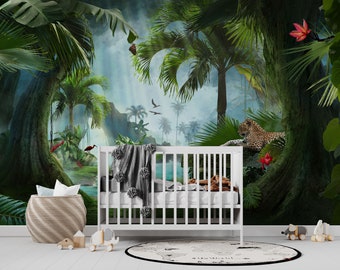 Exotic Jungle Animals Wallpaper Mural - Tropical Wildlife Peel and Stick Wall Decor-A591