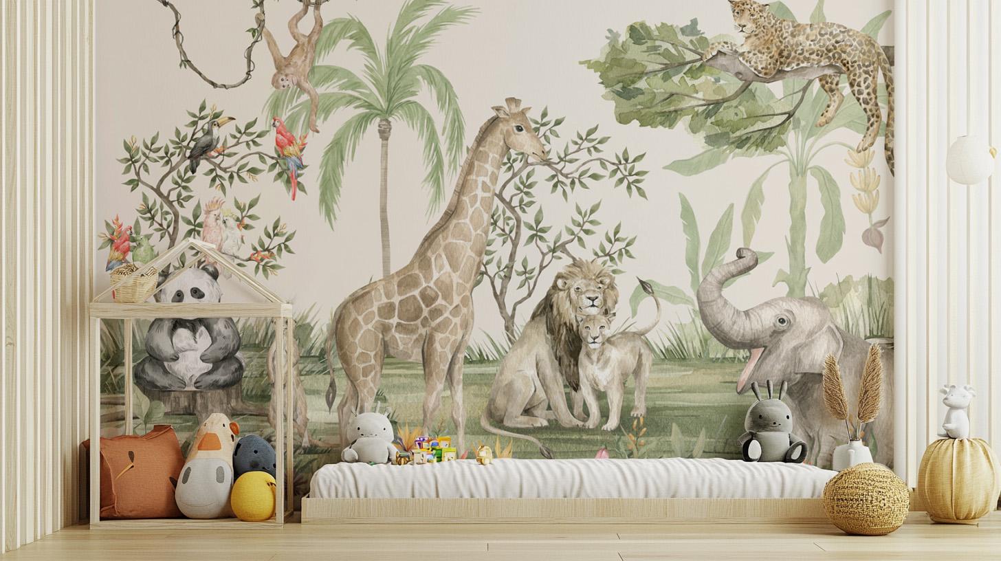 Tropical Jungle Safari Animal Nursery Wallpaper-D219