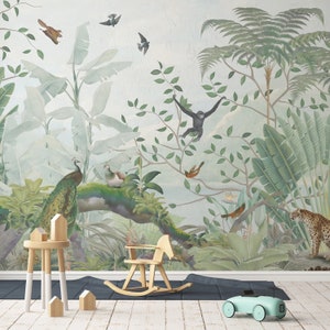 Jungle Wallpaper Mural - Nature Wall Art with Animals - Peel and Stick Wallpaper-C405