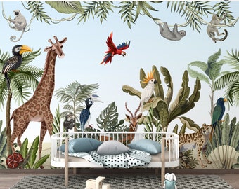 Safari Wallpaper with giraffe - jungle - monkey - tropical - watercolor - leaves and nursery Animals Wallpaper for Kids room Peel & stick