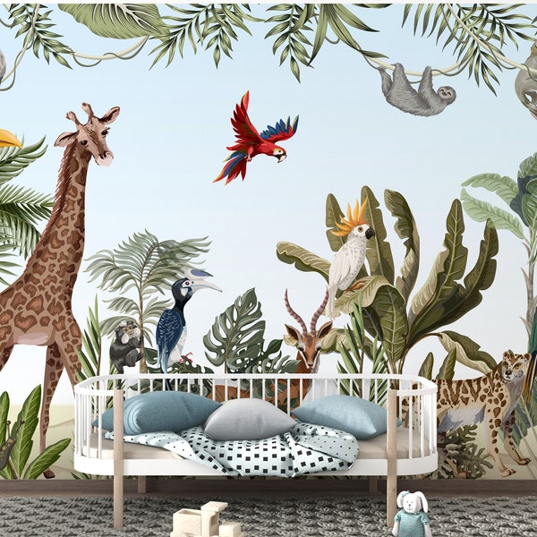 Safari Wallpaper with giraffe - jungle - monkey - tropical - watercolor - leaves and nursery Animals Wallpaper for Kids room Peel & stick
