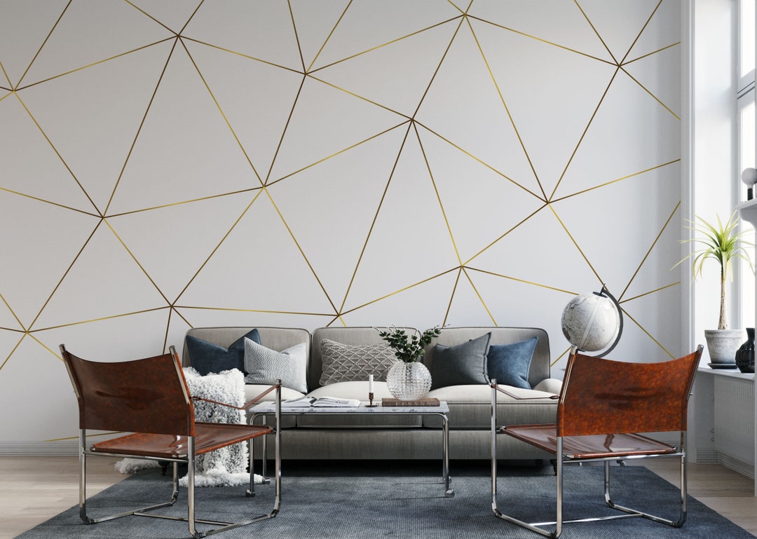 Gold Geometric Wallpaper, Gold Strip Mural, Peel and Stick Wallpaper