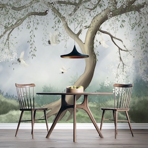 Interior Painting on Wall Tree with Fog and Flying Crane Wallpaper Mural, Peel and stick & Traditional Paper