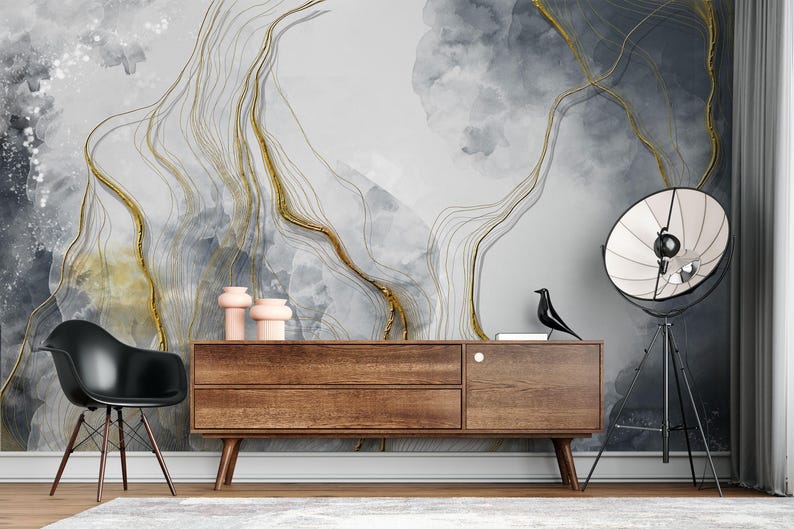 Gray Marble with Gold Veins, Peel and stick wallpaper, Removable wallpaper image 2