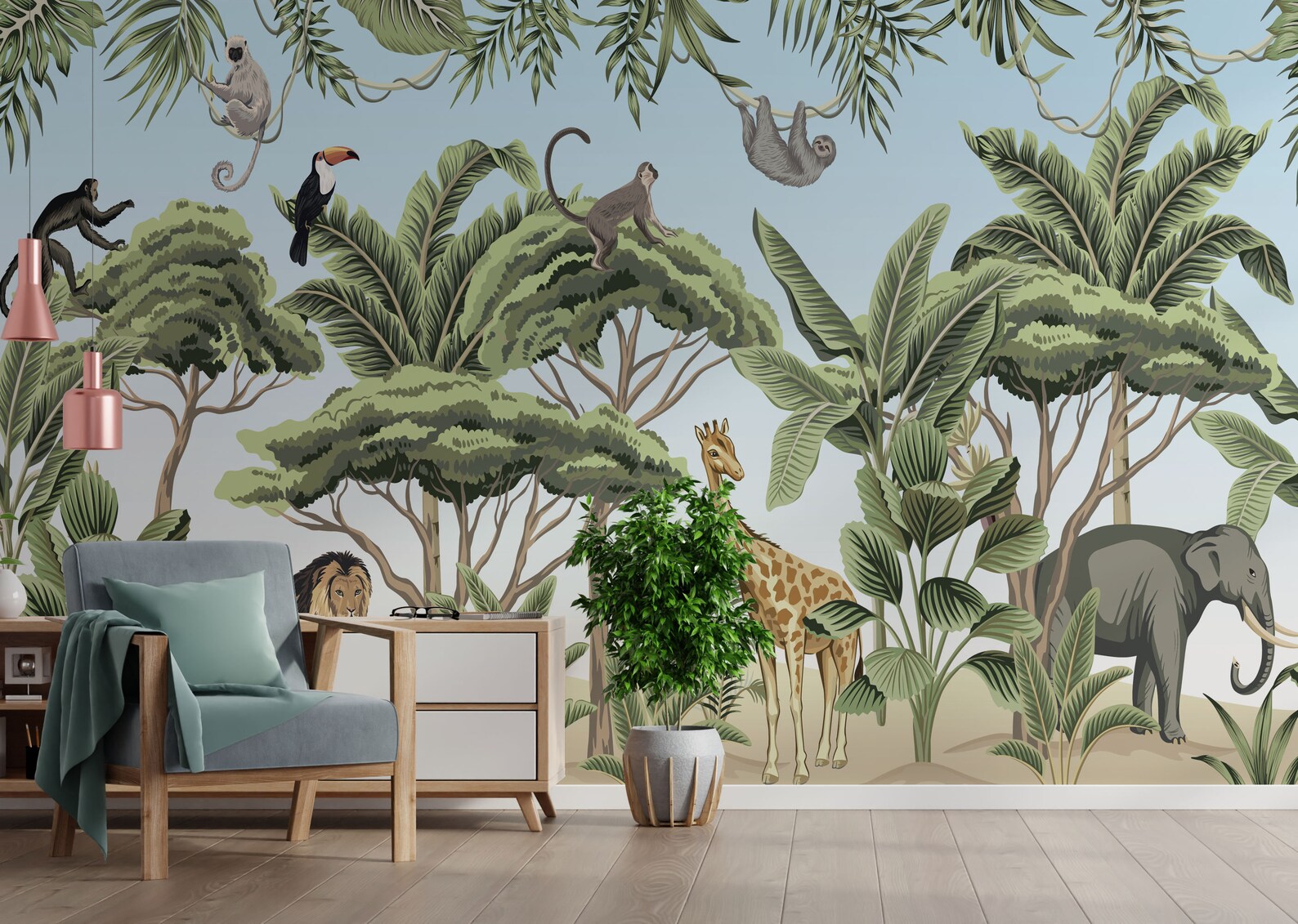 Kids Room Jungle Theme with Animals Wallpaper Nursery Peel Etsy