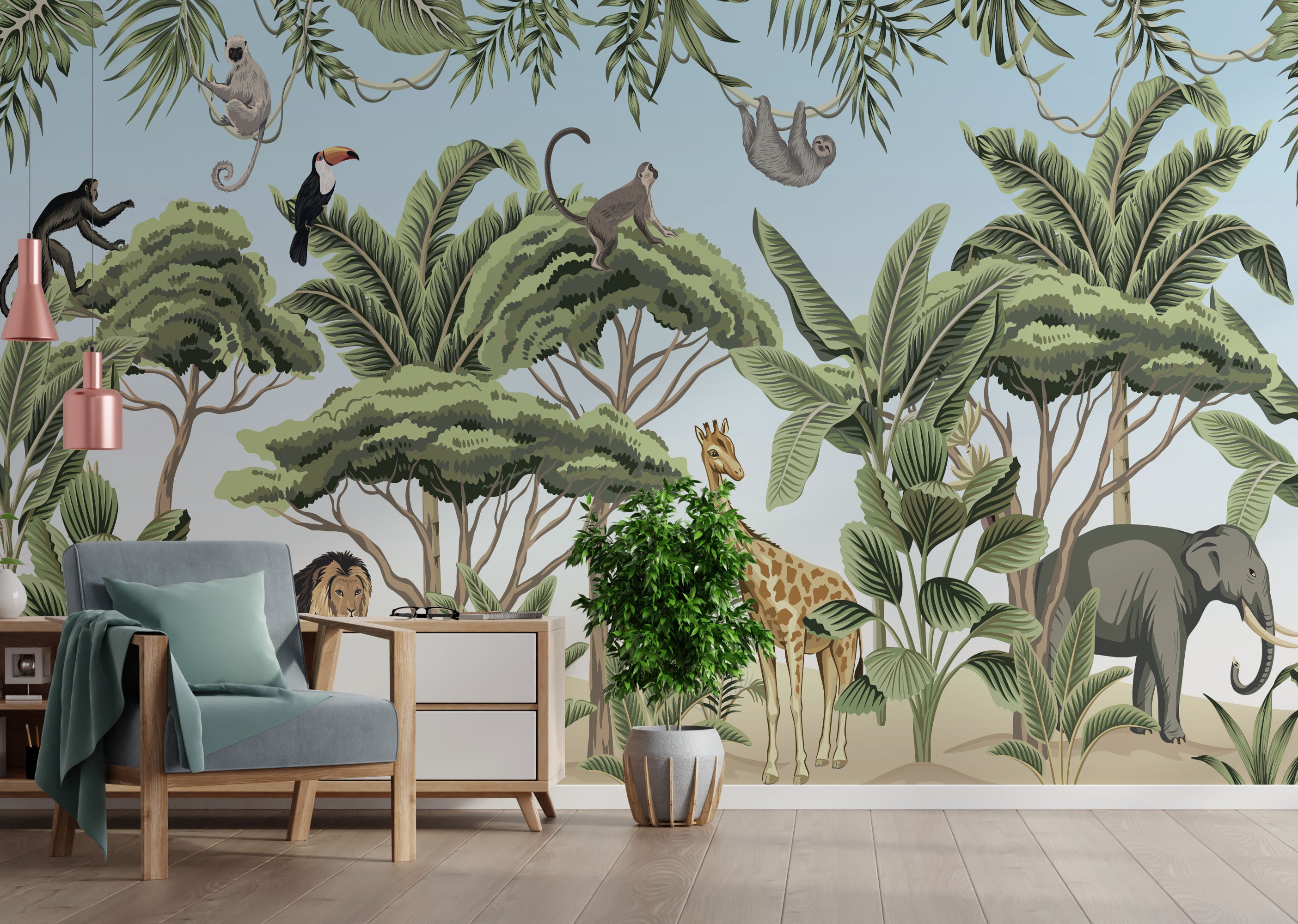 Kids Room Jungle Theme with Animals Wallpaper Nursery Peel Etsy