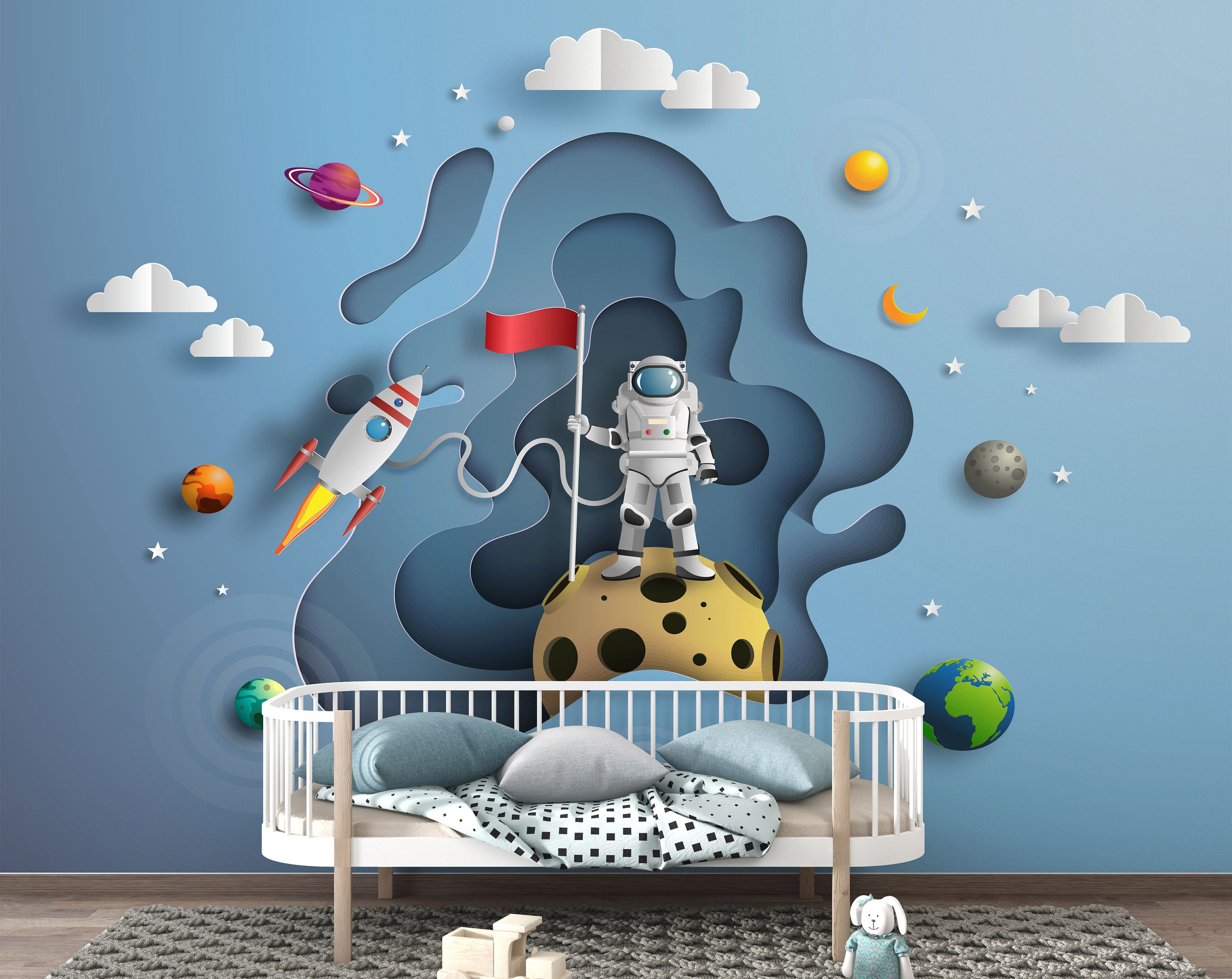 Astronauten Mond Wandbild: Kinderzimmer Weltraum Abzieh- und Aufklebe-Tapete