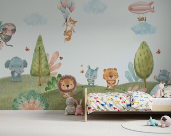 Mural de papel tapiz para guardería con animales de safari en tonos pastel. Tamaños personalizados disponibles.