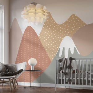 Peel and Stick Wallpaper Artistic Mountain Mural, Colorful Abstract Mountain with Sun Design Wallpaper