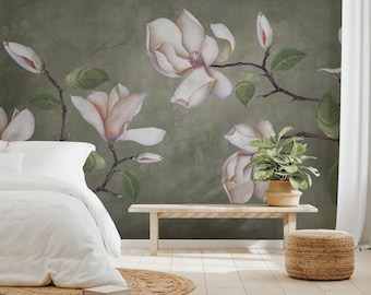 Vintage Magnolia Flower Wallpaper: Lush Green Peel and Stick
