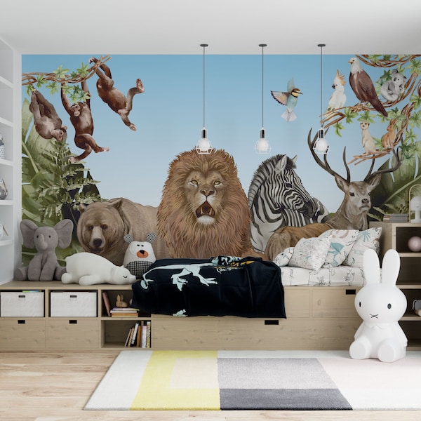 Kids room Wallpaper, Jungle Cartoon Animals, Children's Room Bedroom Peel & stick, Removable