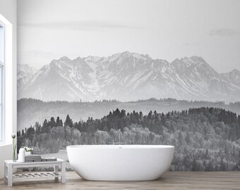 Black and white Mountain Wallpaper Snow Covered High Hill top Mural Peel & Stick or Traditional Paper