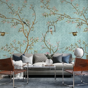 Chinoiserie wallpaper, Floral Murals Wallpaper with Birds, Peel and stick, Reusable  Wallpaper Murals