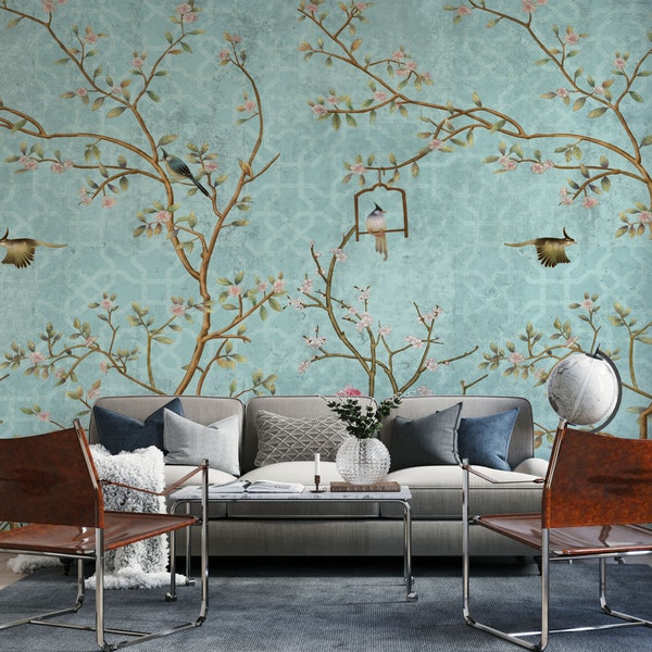 Chinoiserie wallpaper, Floral Murals Wallpaper with Birds, Peel and stick, Reusable  Wallpaper Murals