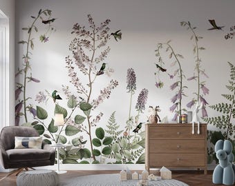 Hummingbird Hedge Wallpaper Mural - Playful Birds and Garden Flowers