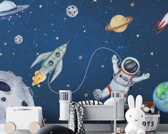 Space Adventure Kids Room Mural | Astronaut and Planets Peel & Stick Wallpaper | Vibrant Nursery Decor