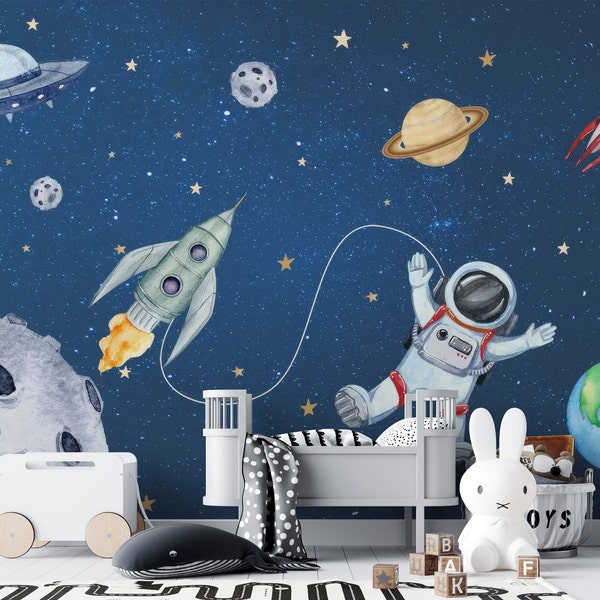 Space Adventure Kids Room Mural | Astronaut and Planets Peel & Stick Wallpaper | Vibrant Nursery Decor