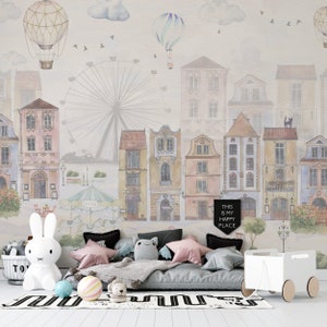 Cityscape Watercolor Wallpaper Mural | Hot Air Balloon Wall Art | Kids Room Peel & Stick Wallpaper-C428