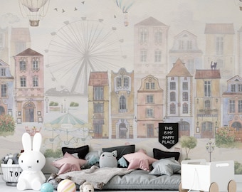 Cityscape Watercolor Wallpaper Mural | Hot Air Balloon Wall Art | Kids Room Peel & Stick Wallpaper-C428
